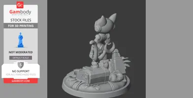 Robot cat figure with headphones on a themed base, surrounded by boxes and plants.