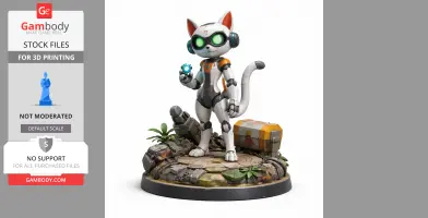 A robotic cat with glowing eyes holds a blue sphere, standing on a detailed base with plants and a chest.
