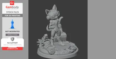 Futuristic cat-like robot figure standing on a detailed base with plants and tech elements.