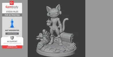 A robotic cat character wearing goggles and headphones, standing on a decorated base with tech and plants.