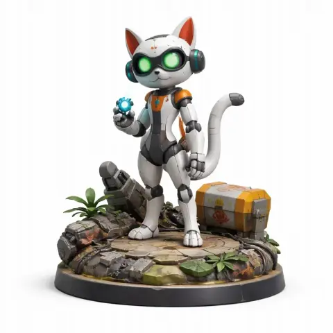 A robotic cat with green goggles stands on a futuristic platform, holding a small glowing orb.