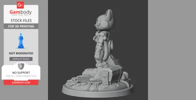 A detailed 3D model of a robotic-animal character on a themed base, designed for 3D printing.