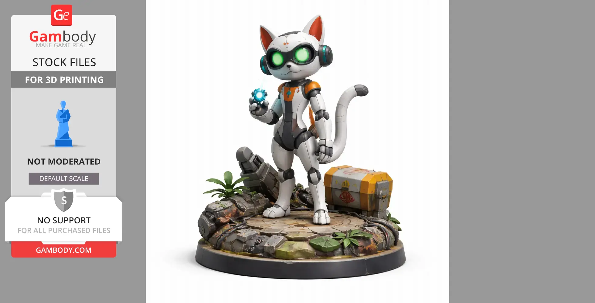 A robotic cat with glowing eyes holds a blue sphere, standing on a detailed base with plants and a chest.