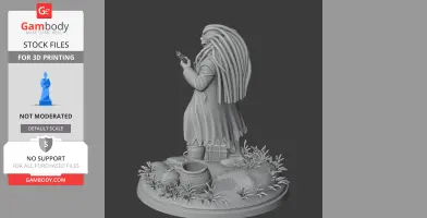 A figure with long hair and a coat holds an object, standing on a base with barrels and vegetation.