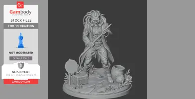 Alien-like figure in a long coat with hoses, standing on a detailed base with props like barrels and a sign.