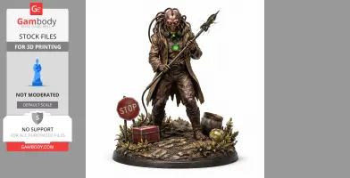 Alien figure in a brown coat with green lights, holding a spear near a 'Stop' sign on a detailed base.