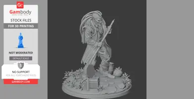 A warrior figure with tentacle-like hair, holding a spear, stands on a detailed base with plants.