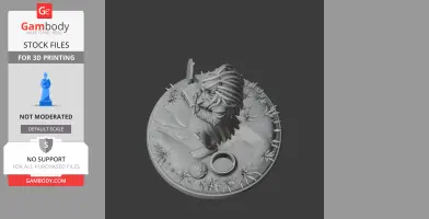 A detailed 3D character figure with weaponry, standing on a circular base with foliage and terrain elements.