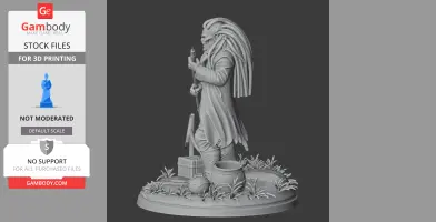 Alien figure with tendril-like hair, holding a device, standing on grassy base with barrels and crate.