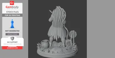 Character figure with long tentacles stands on a base with barrels and plants, shown from the back.