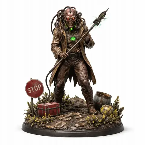 A masked figure with glowing eyes holds a staff, surrounded by a stop sign and gear on a detailed base.
