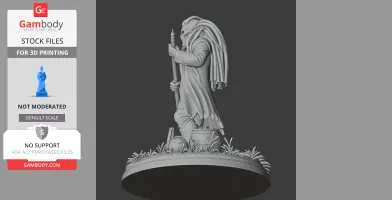 A 3D model of a robed figure with long tendrils, holding a staff, standing on a grassy base.