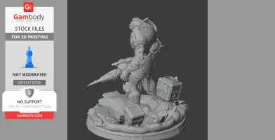 A detailed alien creature figure with armor, standing on a rocky base with debris.