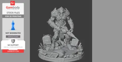A creature with armor holds a large weapon, standing on a detailed base with foliage and crates.