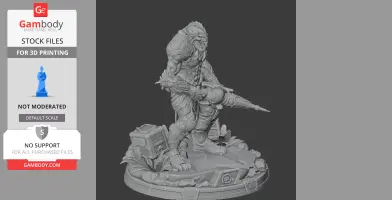 A monstrous armored creature wielding a massive drill, standing on a detailed, rocky base.