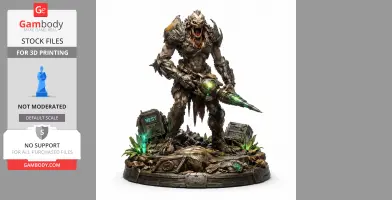 Grotesque creature wielding a glowing weapon, standing on a rocky, sci-fi themed base.