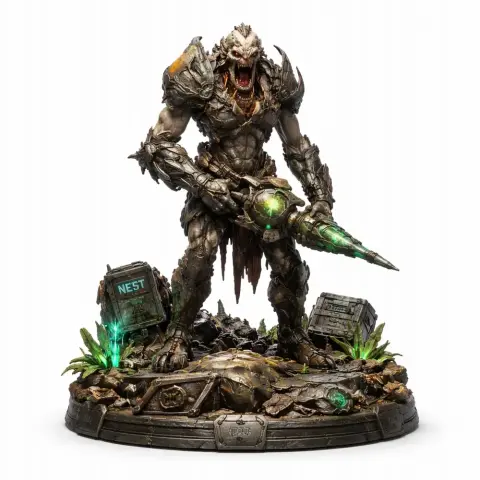 Fierce creature with armor and glowing weapon, standing on a detailed base with vegetation and tech elements.
