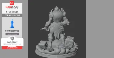 A detailed character figure with armored features, standing on a base with crates and organic shapes.