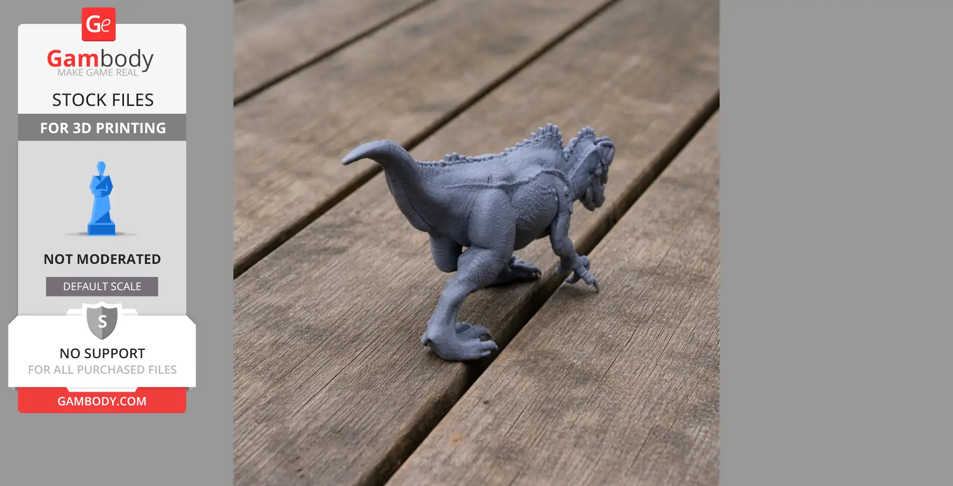 A detailed 3D-printed model of an Acrocanthosaurus on a wooden surface.