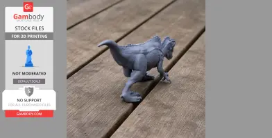 A detailed 3D-printed model of an Acrocanthosaurus on a wooden surface.