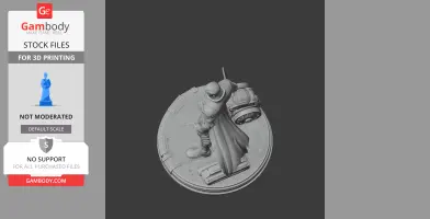 A detailed 3D model of a caped character holding a large weapon, standing on a textured base, for 3D printing.