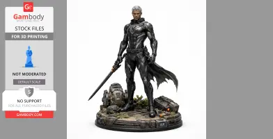 Dark armored character figure with a sword, standing on a detailed base with mechanical elements.