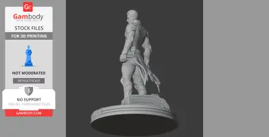 A detailed 3D model of a futuristic armored character standing on a round base, viewed from the side.