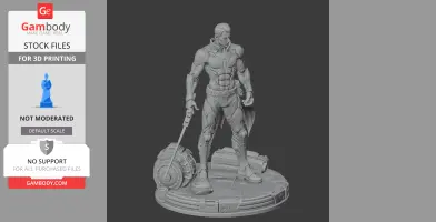 Futuristic armored character with a sword, standing on a mechanical base.