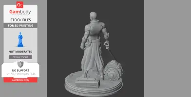 A male character in armor holding a weapon, standing on a detailed round base with machinery elements.