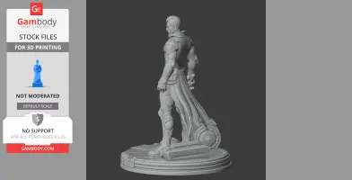 Armored figure with futuristic attire, standing on a detailed base, facing slightly right.
