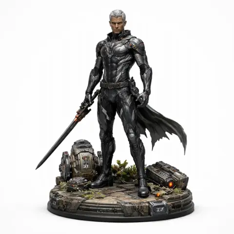 Detailed sci-fi warrior figure in armor with sword on a tech-themed base, cape flowing behind.