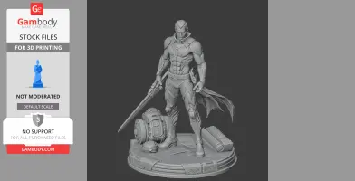 Futuristic armored figure with a sword, standing on a detailed base with mechanical elements.