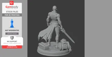 A 3D model of a figure with a tattered cape and sword, standing on a detailed base with sci-fi elements.