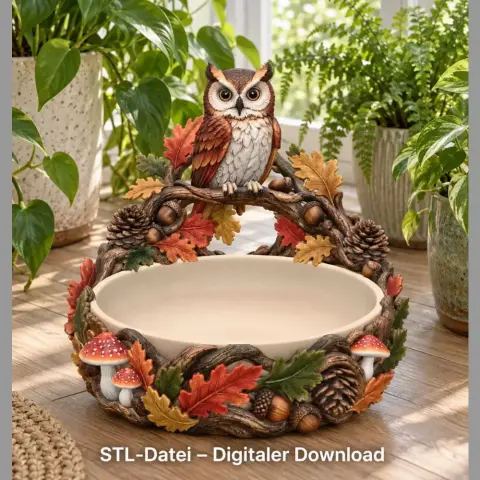 A decorative bowl with an owl perched above, surrounded by autumn leaves and mushrooms.