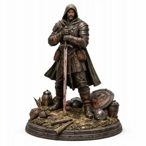 Medieval warrior figure in armor holding a sword, standing on a detailed base with shields and helmets.