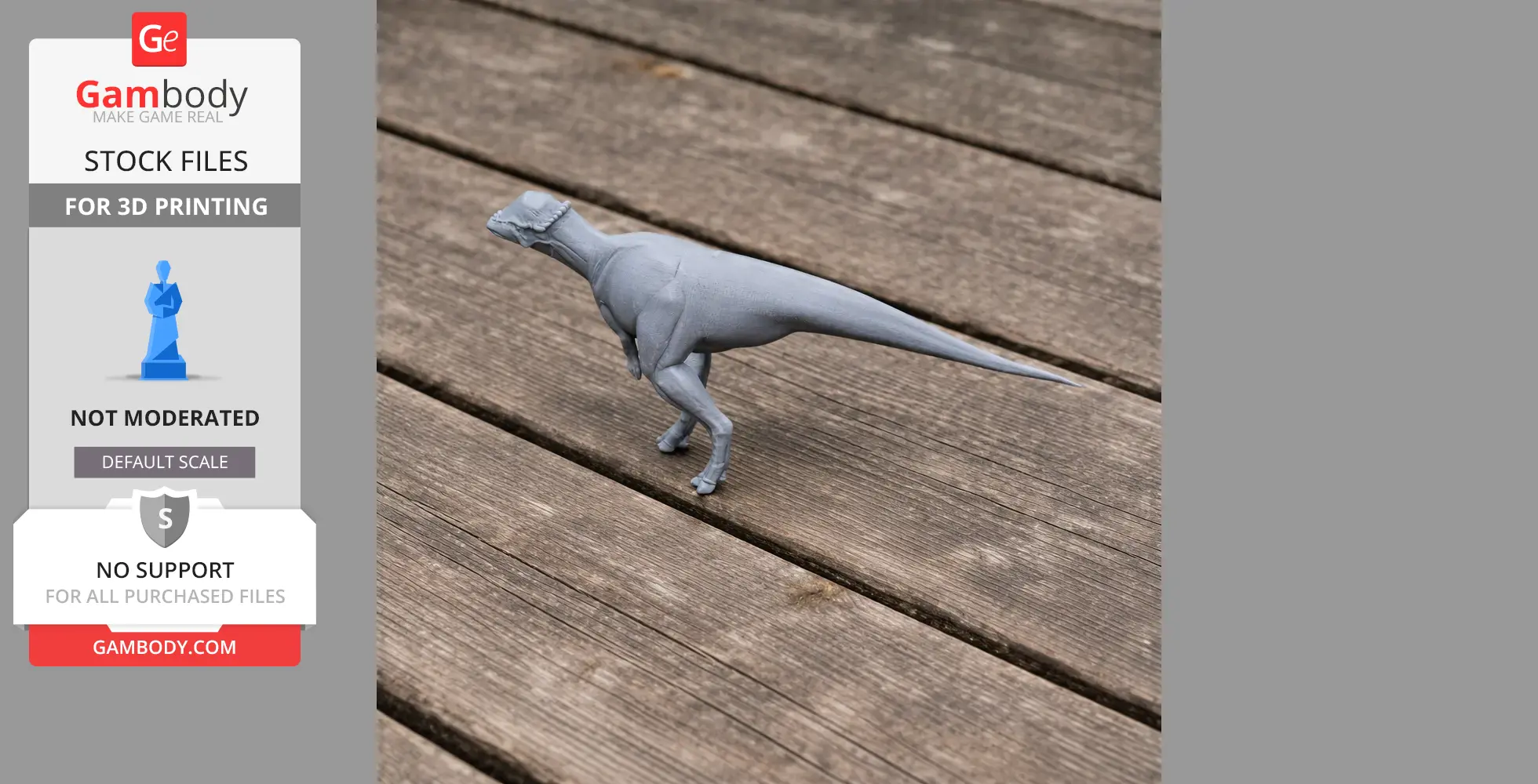 Gray 3D-printed Acrotholus dinosaur model on a wooden surface.