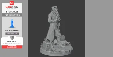 A detailed 3D model of a character in a military uniform holding a device, standing on a base with objects and plants.