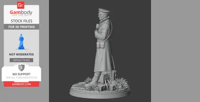 A 3D printed figure of a character in a coat and cap, standing on a detailed base with plants and cables.