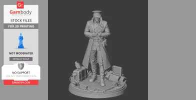 A detailed 3D model of a uniformed character with a cap, standing on a decorative base with tech and foliage elements.