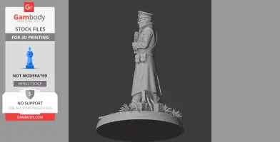 A detailed 3D figure of a uniformed character standing on a round base with foliage.