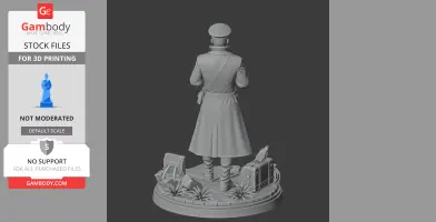 A figure in a long coat and cap, back view, stands on a detailed base with plants and scattered gear.