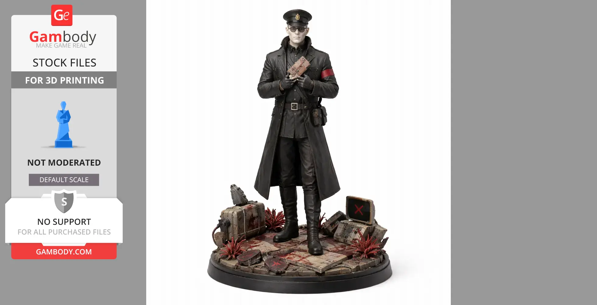 A figure in a military uniform with a cap and glasses stands on a detailed base with equipment and red plants.