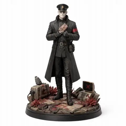A figure in a long coat and cap stands on a detailed base, holding an object, surrounded by tech and plants.