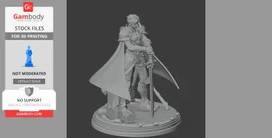A detailed 3D model of a warrior with a cape, armor, and sword, standing on a decorative base.