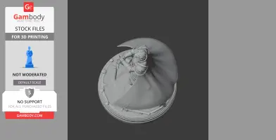 A cloaked figure with a sword standing on a detailed circular base, designed for 3D printing.