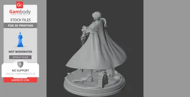 A detailed knight figure with a flowing cape and sword, standing on a decorated base.