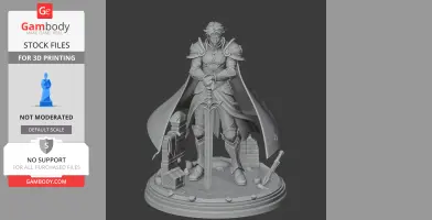 Armored figure with cape, holding sword, stands on rocky base with ruins and chest. Detailed fantasy model.
