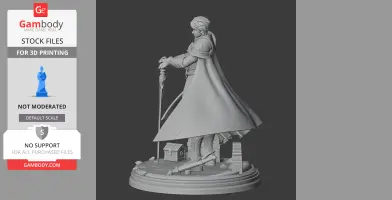 A detailed 3D model of a knight with a cape, resting on a sword, on a decorated base with a treasure chest.