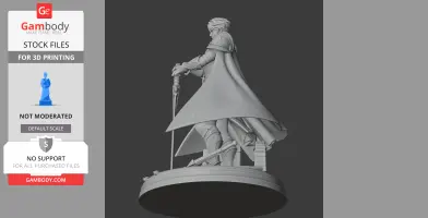 A detailed 3D model of a cloaked figure holding a sword, standing on a round base, designed for printing.