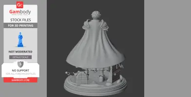 Character in a cloak stands on a themed base with a sword and wall elements for 3D printing.